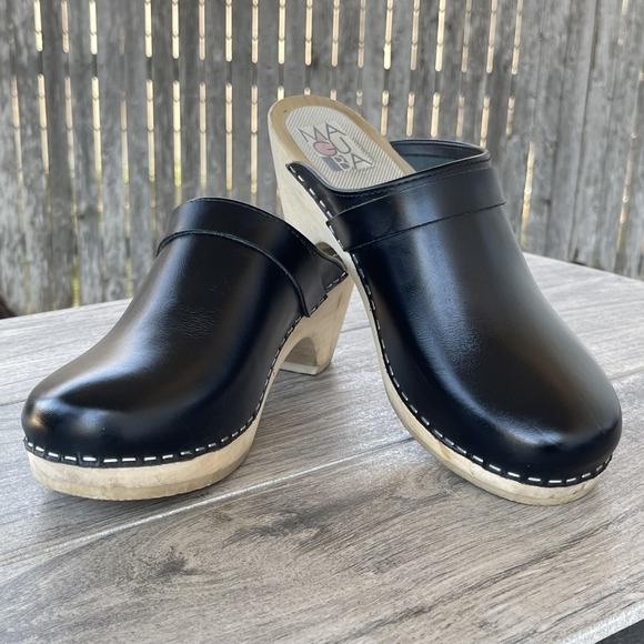 Maguba Sweden Clogs Women 9.5 EU 40 Black Leather Wooden Heel Platform Slip On - Picture 2 of 15